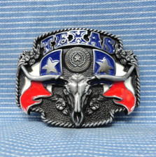 Texas Belt Buckle Longhorn Skull Flags State Seal Roped Edge Vintage 90s .GTA260