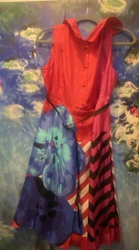NWOT! RED MultiColor Midi Dior Pleated Dress Blue Floral Stripe Sz 6, 38