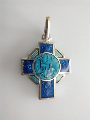 Vintage Catholic Blue Enamel St Hubert Cross Religious Medal Silver Tone