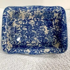 Antique Blue & White Spongeware Baking Dish