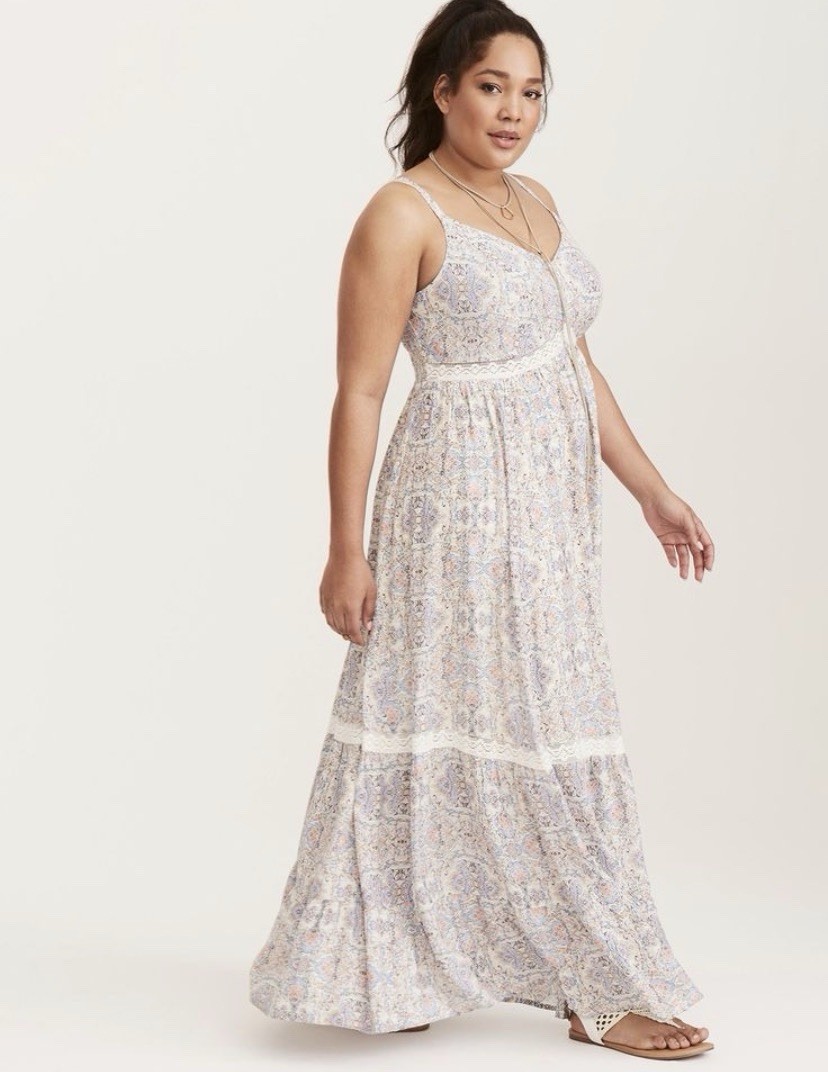 Torrid Tile Print Maxi Dress Tiered Challis Maxi Dress Bohemian NWOT Sz 0 Or M/L
