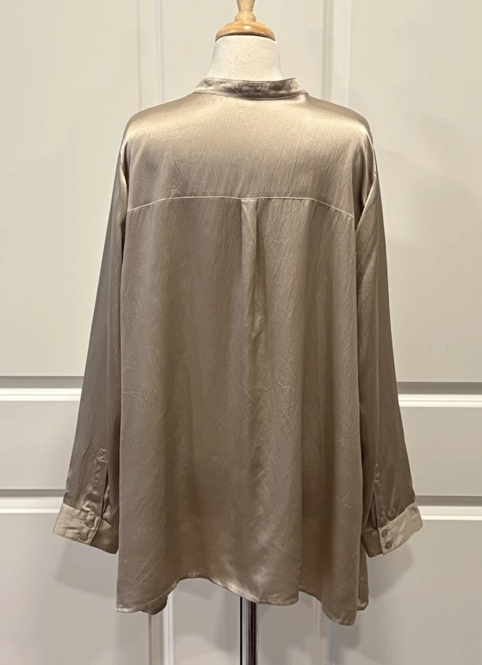 Camisa Eileen Fisher 100 % seda abotonada metálica dorada talla 2X oficina vacaciones Año Nuevo Foto 3 de 4
