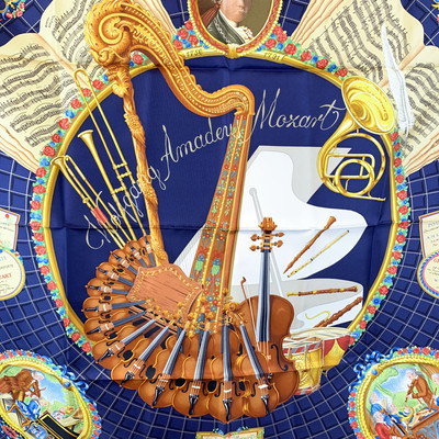 Authentic Hermes Vintage Blue Silk Scarf Hommage a Mozart 1991