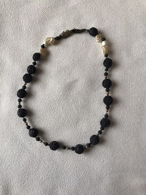 Vintage Wood Carved Black Rose and Seashell Necklace Gothic, Hidden Meaning