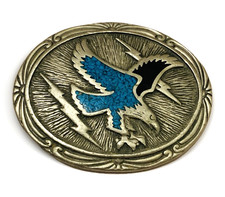 VTG Belt Buckle Western Rustic Eagle Rodeo Retro Turquoise Silver Tone Boho Deco