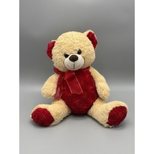 Teddy Bear Plush With Red Roses Belly Ears With Red Ribbon 14" Stuffed Animal