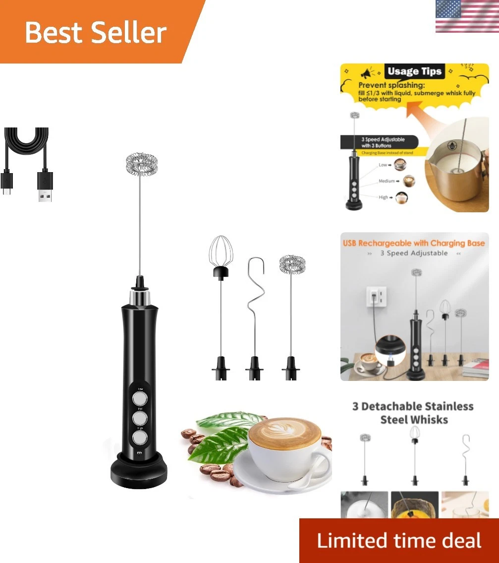 Rechargeable Milk Frother Handheld with 3 Detachable Stainless Steel Whisks, ...