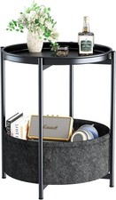 Small Round Coffee Table with Fabric Basket, 2 Tier End Side Table, Nightstand