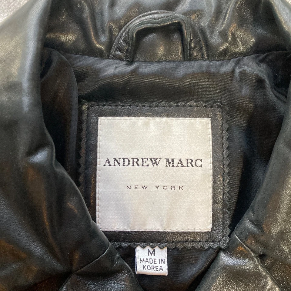 复古女式 Andrew Marc 黑色皮革腰带风衣外套 M 码 74847 — 第 2/4 张图片