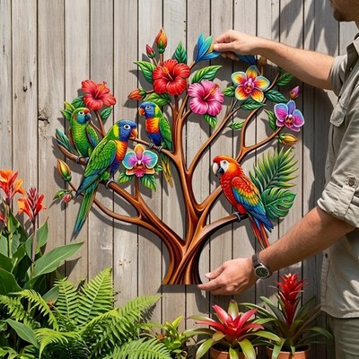 Tropical Parrot Wall Art, Colorful Bird Decor, Metal Tree Sculpture