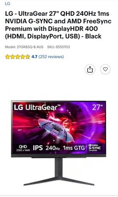 LG - UltraGear 27'' QHD 240Hz 1ms NVIDIA G-SYNC and AMD FreeSync Premium