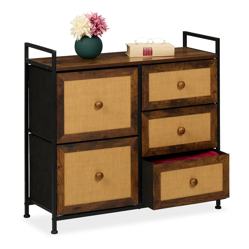 Kommode Beistellschrank Rattan Schrank Kommodenschrank Schränkchen 5 Schubladen