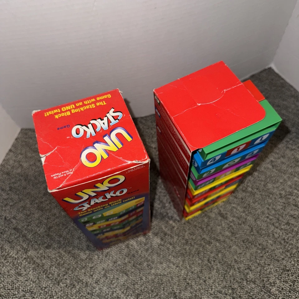 UNO STACKO by MATTEL Ages 8+,2+ PLAYERS, 99% COMPLETE #42468 1999 - Image 2 of 4