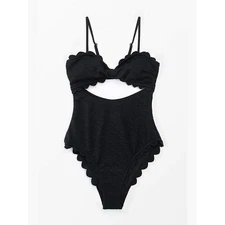 CUPSHE Black Texture One Piece Swimsuit Cutout Scalloped L