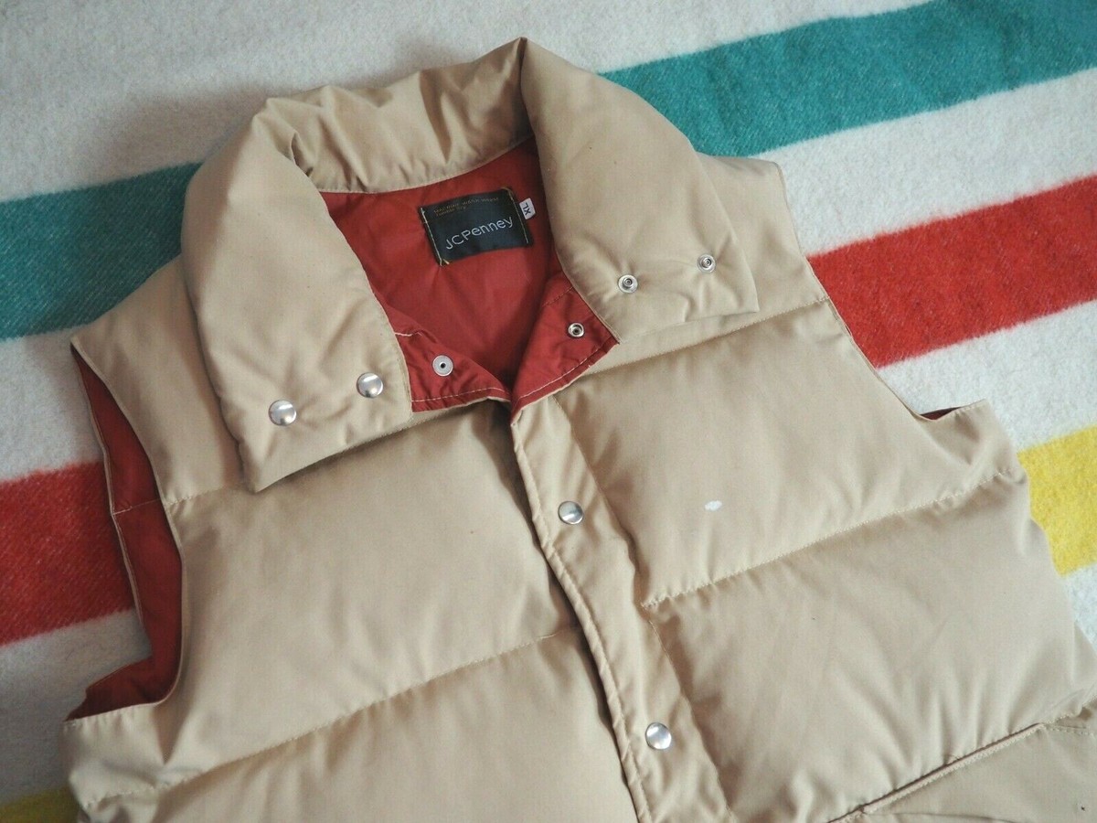 VTG 70s JC Penney Beige Tan Retro Rust Red Down Snap Puffer VTG 70s JC Penney Beige Tan Retro Rust Red Down Snap Puffer