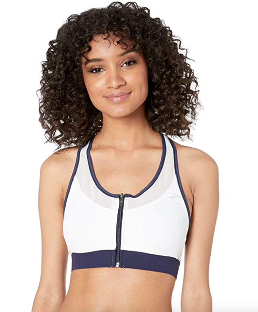 Brooks White/Blue Fast Forward Zip Moving Comfort Sports Bra Women Size