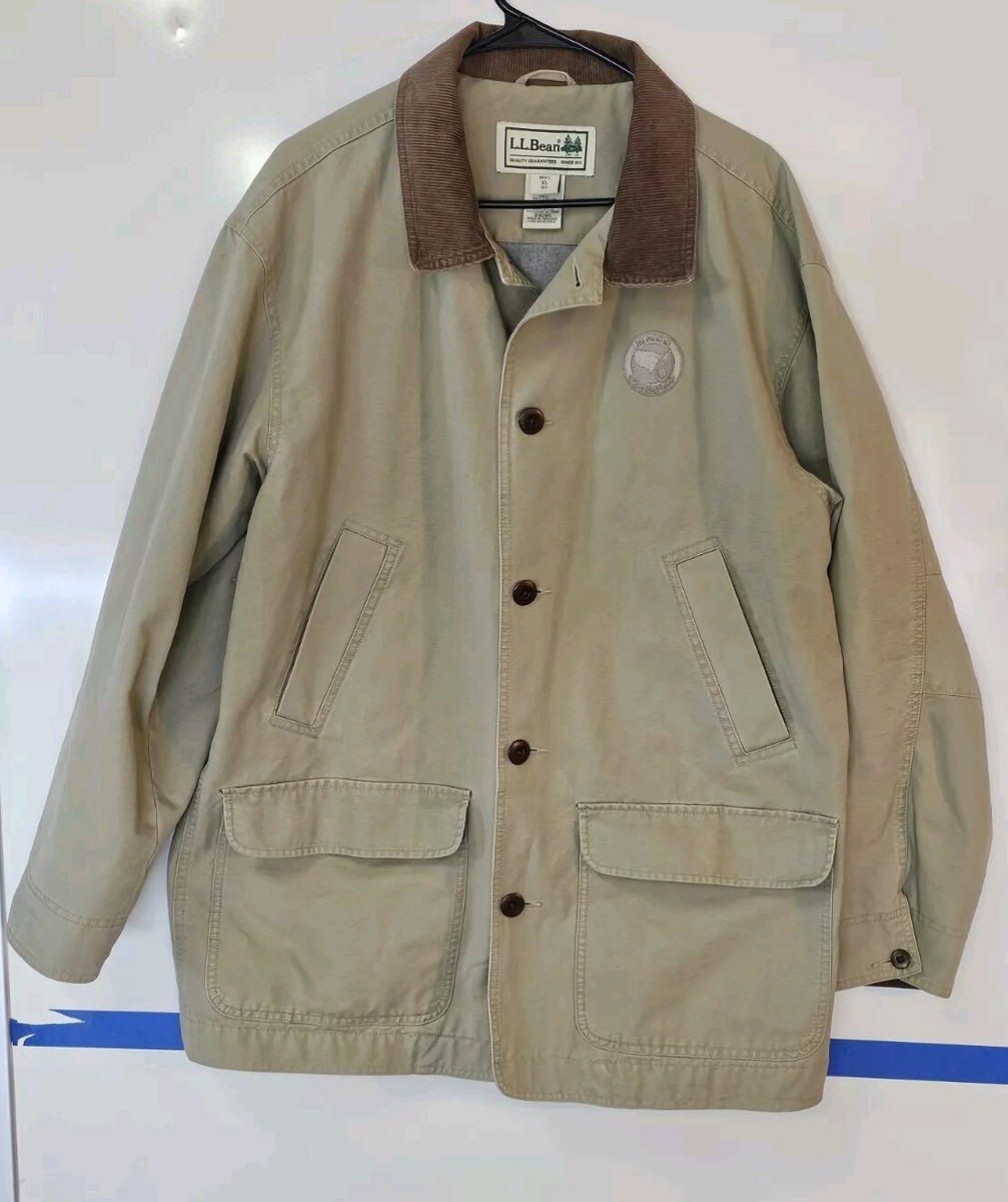 LL Bean Mens Jacket Size X-L Khaki Pockets Long Sleeve Barn Coat embroidered