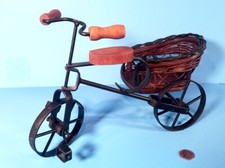 Vintage Metal Toy Tricycle With Wicker Side Car, Wooden Seat Handlebar Grips