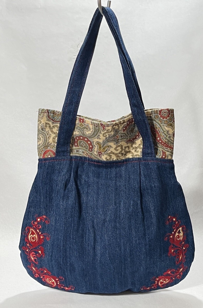 Boho Vintage Style Tote Blue Denim Embroidered Paisley Shoulder