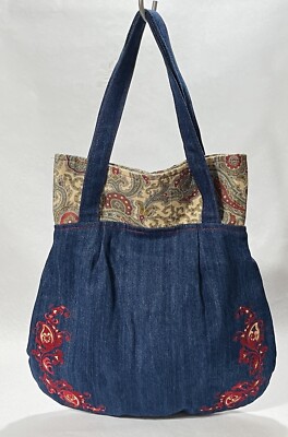 Blue Denim Embroidered Women\'s Bag Amazon.com: Jursccu Denim Embroidered Floral Canvas  main image 2