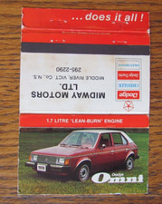 1978 DODGE OMNI CAR DEALER MATCHBOOK COVER: MIDDLE RIVER, NS EMPTY MATCHCOVER B5