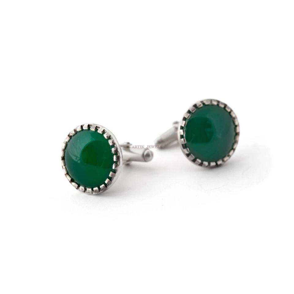 Gemstone In Onice Verde Naturale Con Gemelli In Argento Sterling 925 #2414 - Immagine 4 di 4