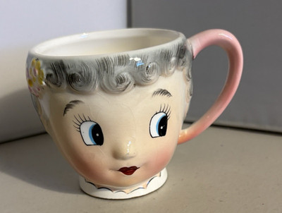 Vintage Lady Head Coffee Cup Mug PY Japan MCM Gray Hair Yellow Flower