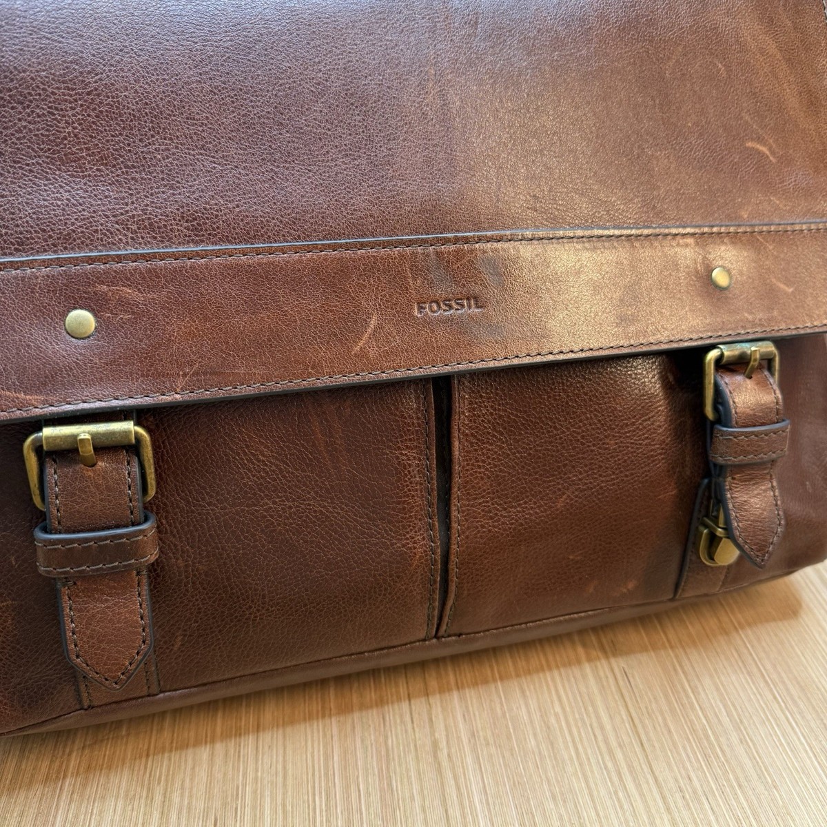 FOSSIL Rich Brown Leather Messenger Satchel Computer Laptop Cross Body Bag 16x12 View 2