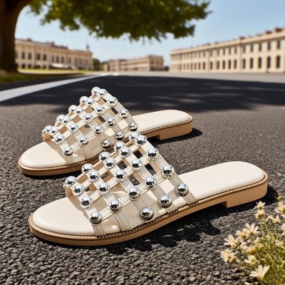 Damen Frauen Nieten Käfig Pantoletten flach Sommer Glitzer Sliders Sandalen Schuhe nude