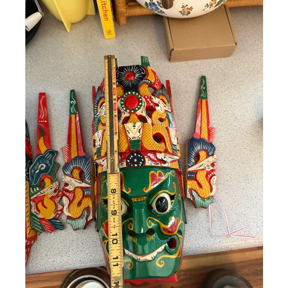 2 Vtg Chinese Hand Carved Painted Wood Face Mask Hanging Nuo Opera Warrior Art - Image 3 of 4