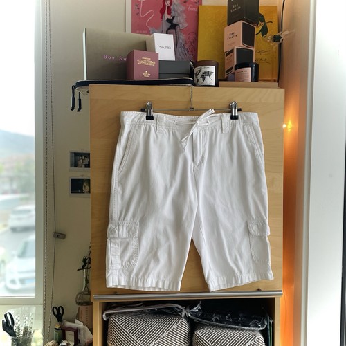 ALLEN ALLEN | S | White Cotton Drawstring Bermuda Cargo Shorts