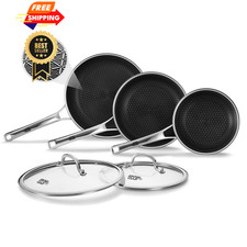 Non Stick Frying Pans Set with 2 Lid, Hybrid 8+10+12'+ Stainless Steel