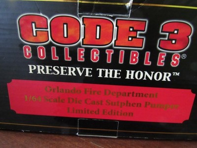 CODE 3 LTD ED ''PRESERVE THE HONOR'' ORLANDO FIRE DEPARTMENT SUTPHEN PUMPER  - NIB