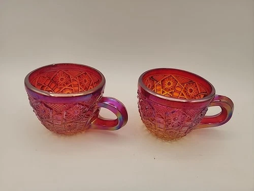 Indiana Glass RED SUNSET Carnival Iridescent Depression Glass Cup Set of Two