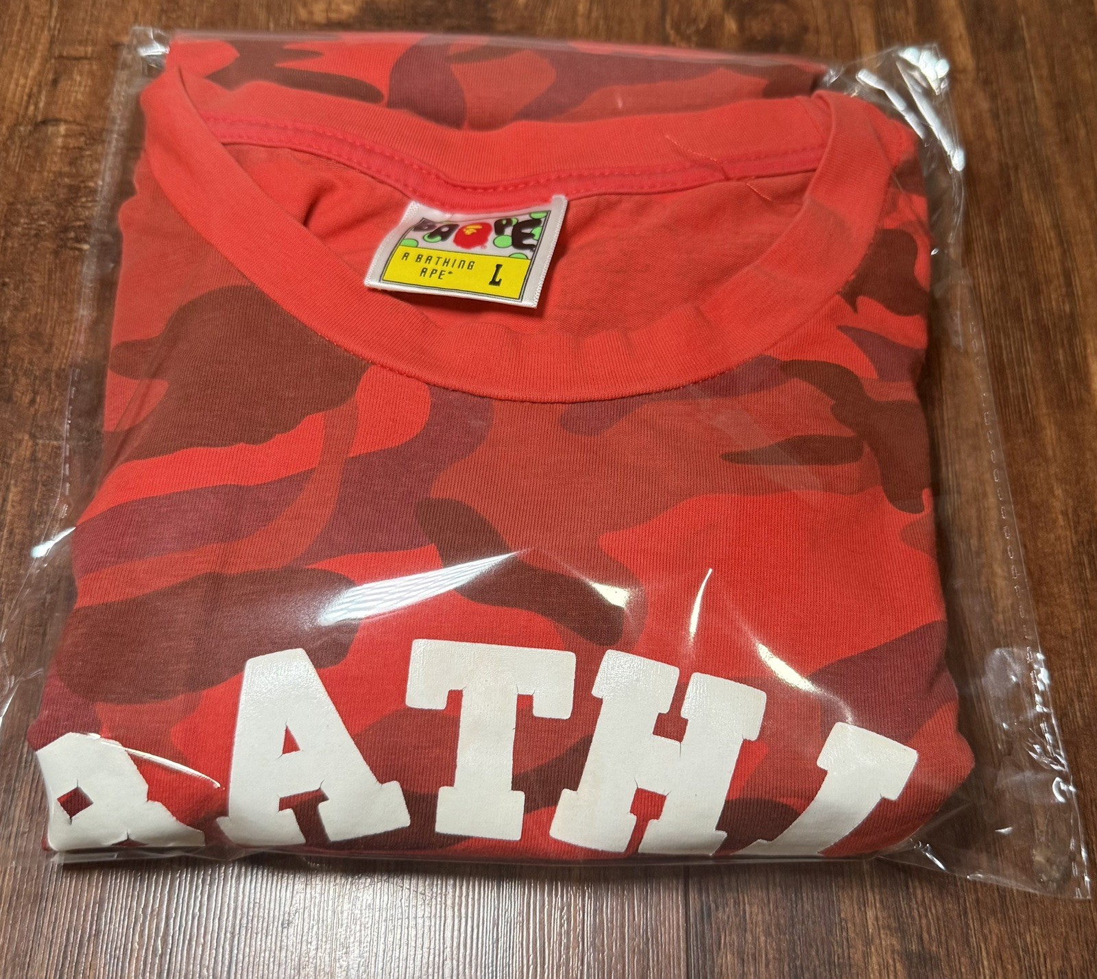 A Bathing Ape Red Camouflage Logo Jersey Men's Crew Neck T-Shirt Size L thumbnail 11