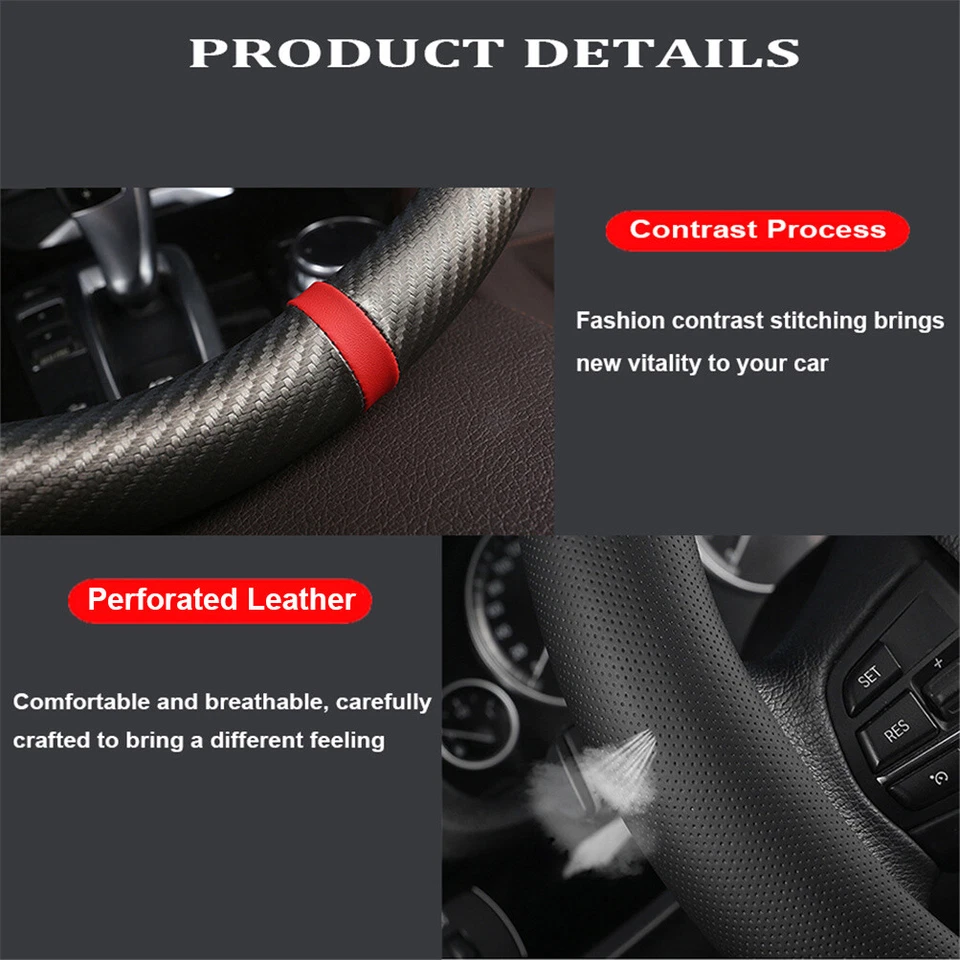 15'' Car Anti Slip Steering Wheel Cover Carbon Black Fiber Leather Accessories Foto 3 de 4