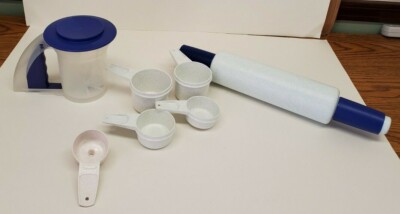 Tupperware Baking Set Sifter, Speckled Rolling Pin, Measuring Cups, Funnel