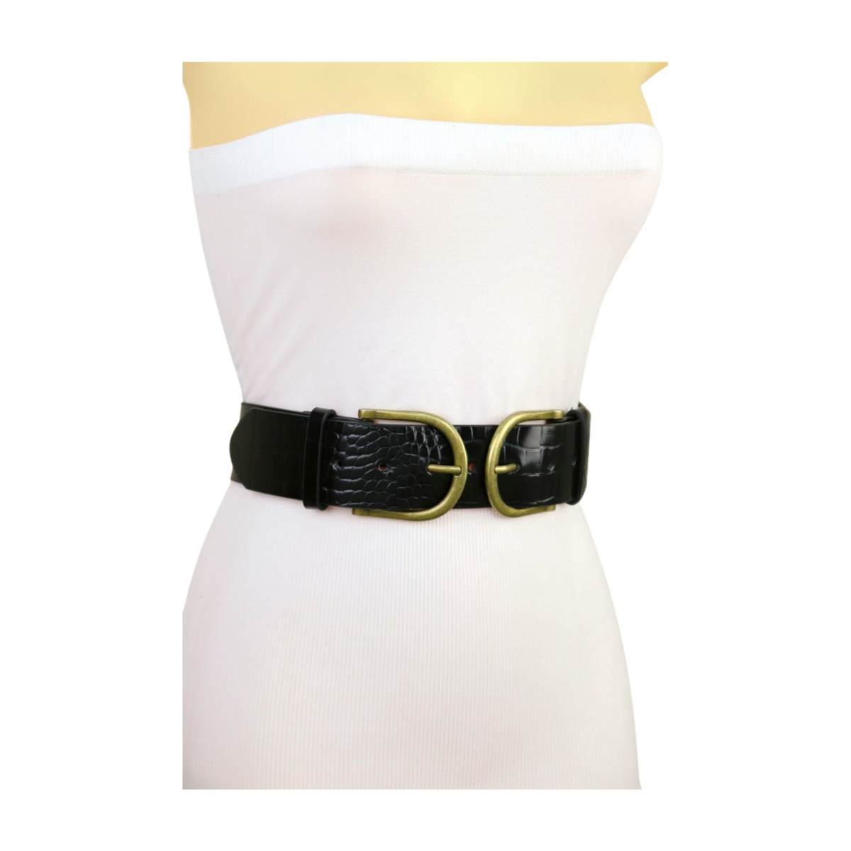 Women Black Faux Leather Band Western Belt Antique Gold  display picture 1