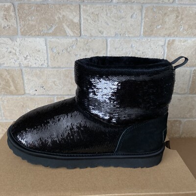 UGG CLASSIC MINI MIRROR BALL BLACK SEQUIN SUEDE SHEEPSKIN BOOTS SIZE US  WOMEN