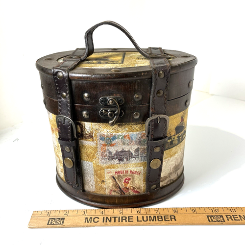 Vintage Leather And Wood Round Travel Hat Box Moulin Rouge Cunard Line - Bild 16 von 17