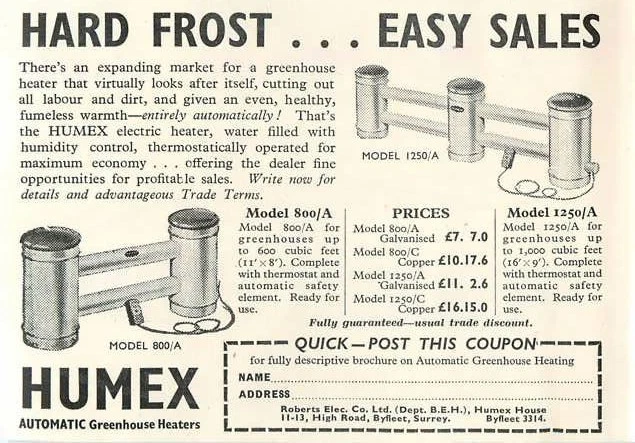 1953 Humex Automatic Greenhouse Heaters Byfleet Surrey Ad | eBay