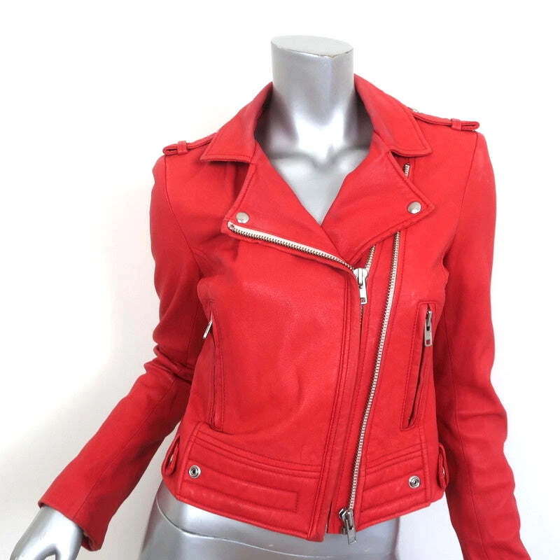 IRO Luiga Leather Biker Jacket Red Size 40 Cropped Moto Jacket - Image 2 of 4