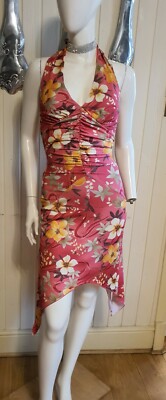 KIT KIT KIT Vintage Y2k 00s Krawatte Neckholder Rückenfrei Blumen Rosa Maxi Geraut...
