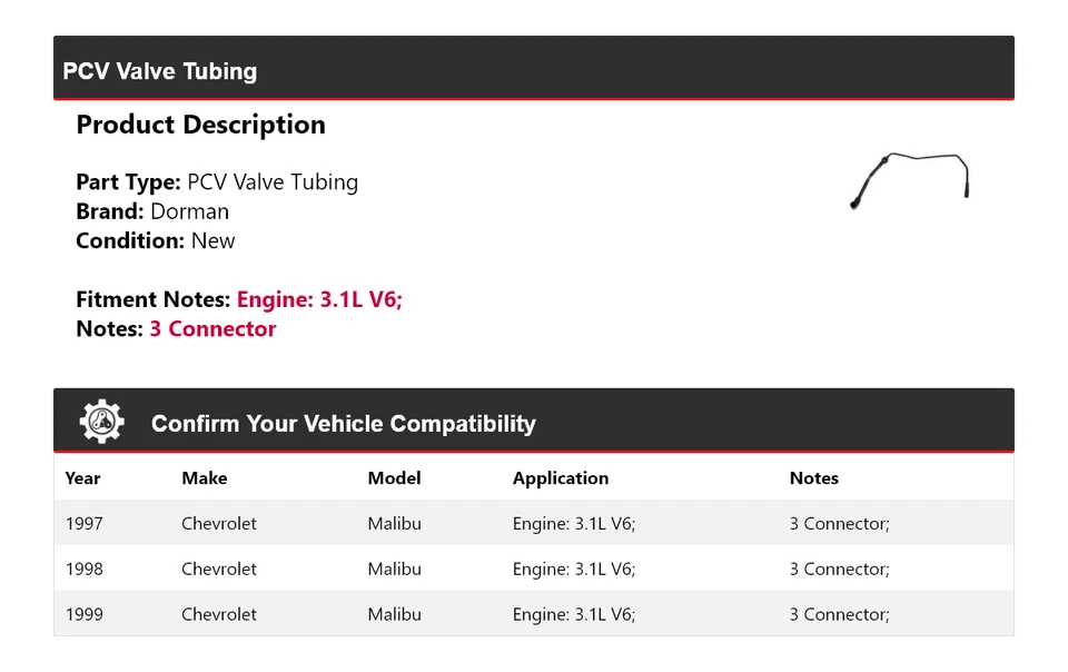 Tubo de válvula PCV Dorman V6 3,1 L Chevrolet Malibu 1997-1999 1998 Foto 2 de 4