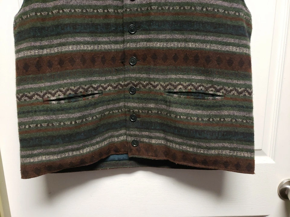Vintage Rafio Mens Wool Vest Size 46 Brown Green Black Stripe Button Down - Image 4 of 4