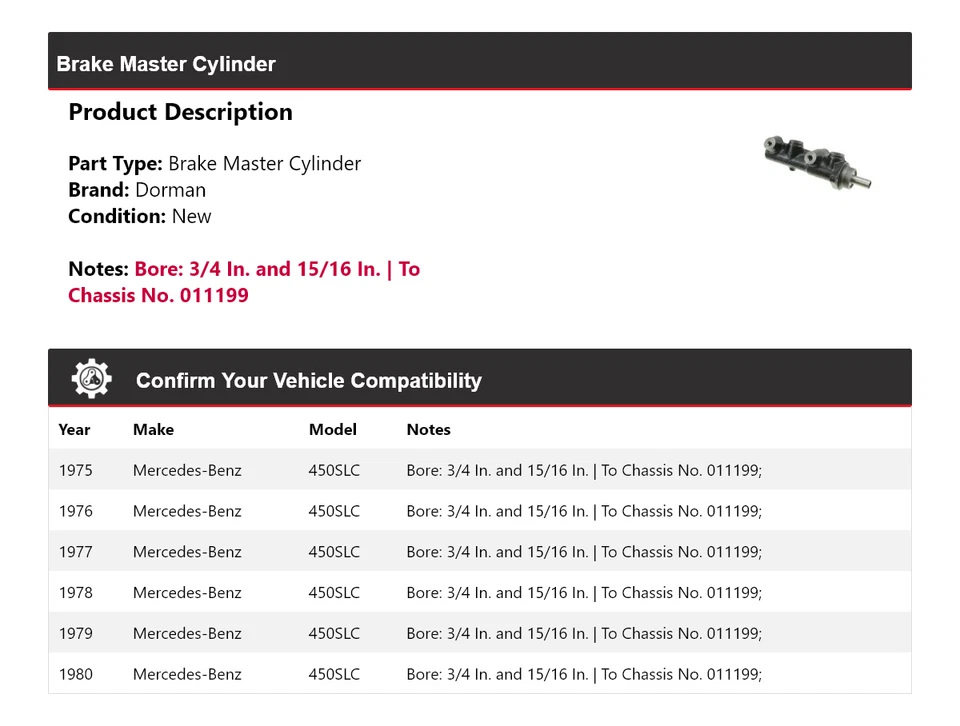 适用于 1975 - 1980 梅赛德斯-奔驰 450SLC Dorman 制动主缸 1976 1977 1978 — 第 2/4 张图片