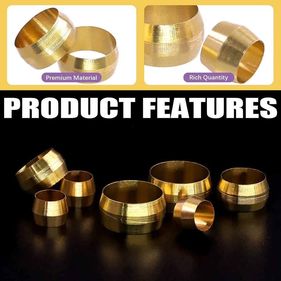 Swpeet 105 Pcs Tube OD 1/4'' 3/8'' 1/2'' Brass Compression Sleeves Ferrules, 3 S - Image 3 of 4