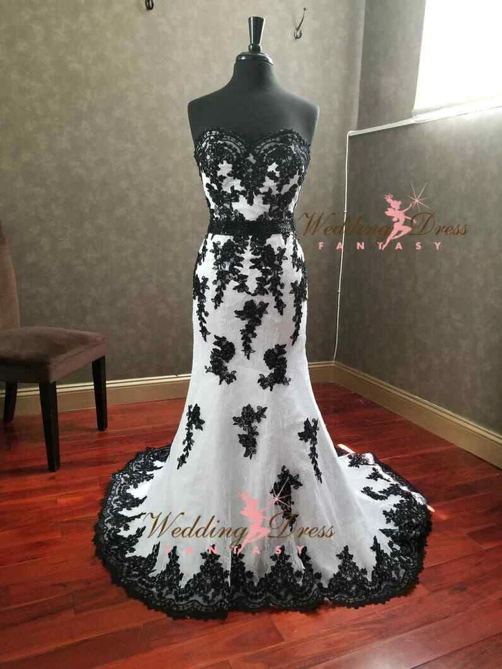 Mermaid Gothic Wedding Dresses Black White Strapless Sweep Train Bridal Gowns - Image 2 of 4