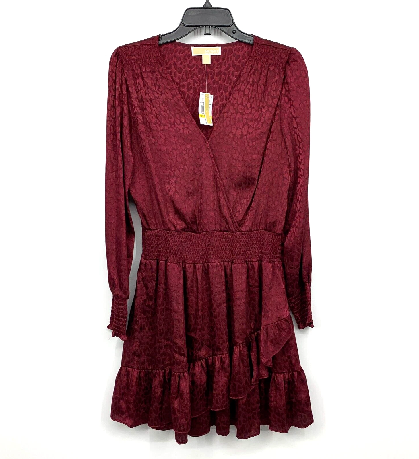 Abito Michael Kors donna medio Petite Julia bordeaux ghepardo manica lunga scollo a v