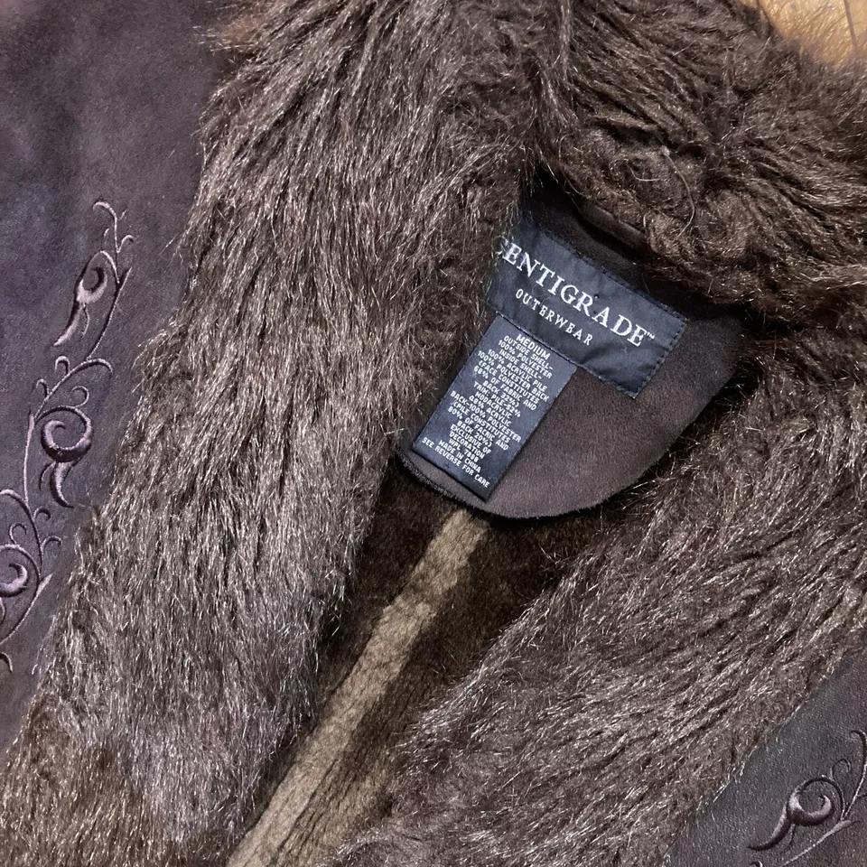 Vtg 90s Y2K Penny Lane Faux Fur Suede Shearling Embroidered Coat Pockets M L - Image 3 of 4